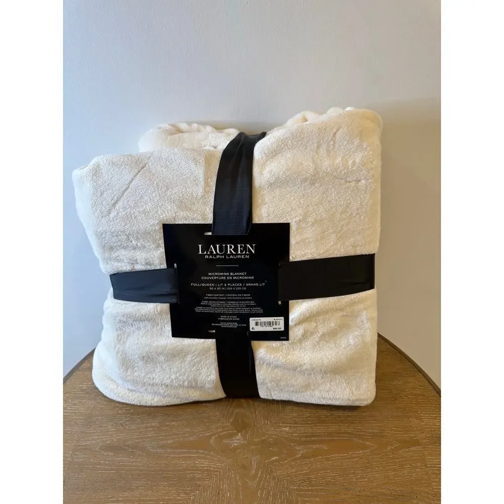 Lauren Ralph Lauren Micromink Blanket Full Queen Cream Ultra Soft Plush NEW